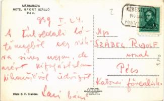 1939 Mátraháza (Gyöngyös), Sport szálló, téli sport, síelők + "KÉKESTETŐ POSTAI ÜGYN."