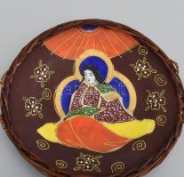 Japán hatszemélyes teás készlet, 6-6 db csésze és alj + tányér rattan foglalatban. Kézzel festett, j...