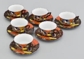 Japán hatszemélyes teás készlet, 6-6 db csésze és alj + tányér rattan foglalatban. Kézzel festett, j...