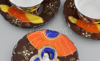 Japán hatszemélyes teás készlet, 6-6 db csésze és alj + tányér rattan foglalatban. Kézzel festett, j...