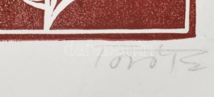 Török Endre (1926-1980): Kakasok. Linómetszet, papír, jelzett. paszpartuban 24x17 cm