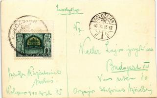 1940 Kolozsvár, Cluj; Szent Mihály templom, Braunfeld üzlete, autóbusz / church, shops, bus + "...