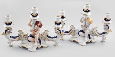 Royal figurális gyertyatartó pár, biszkvit és mázas részekkel, jelzett, kis kopással, 26x18 cm