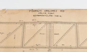 cca 1890 Fővasúti vasúti híd terve. Kézzel rajzolt 97x35 cm