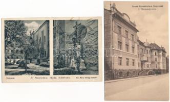 4 db régi képeslap: Óbuda Jó Pásztorháza, Hortobágy halász kunyhók, Budapesti Manréza lelkigyakorlat...