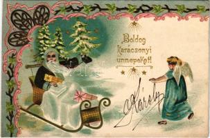 1901 Boldog Karácsonyi ünnepeket! Mikulás - Dombornyomott litho / Christmas greeting with Saint Nicholas. Embossed litho