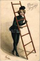 1902 Prosit Neujahr! / Boldog új évet! Kéményseprő hölgy / New Year greeting, lady chimney sweeper. litho (EK)