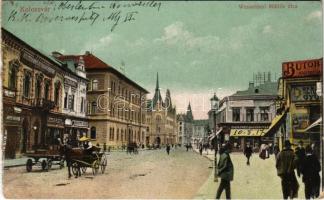 1917 Kolozsvár, Cluj; Wesselényi Miklós utca, megyei Takarékpénztár, Baumzweig, Nagy Jenő és Janovitz Géza üzlete, Economul, bútor raktár / street view, savings bank, shops, furniture store (EK)