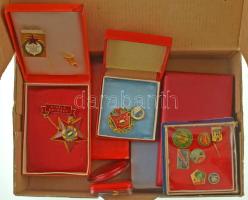 16db-os szocialista kitüntetés-, jelvény- és plakett-tétel, közte ~1970. "Szakszervezetek Országos Tanácsa, arany fokozat" aranyozott, műgyantás fém kitüntetés, mellszalagon, szalagsávon miniatűrrel, eredeti tokban + DN "Az oktatásügy kiváló dolgozója" zománcozott bronz kitüntető jelvény + DN "TIT (Tudományos Ismeretterjesztő Társulat) 1841" 2xklf hátoldalán jelzett porcelán emlékérem tokban (Hollóházi 85mm, Herendi 81mm) T:vegyes