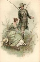 Man with lady fishing litho