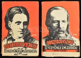 Dosztojevszkij özvegyének emlékiratai I-II. köt. Ford.: Bonkáló Sándor. Bp., [1928], Révai. A borító Abonyi Zoltán munkája. Kiadói illusztrált papírkötés, kopott, szakadt borítóval, a gerinc alján kis sérüléssel.