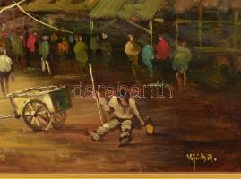 Vojnits Richárd (1942-): Vásár. Olaj, farost, jelzett. Dekoratív fakeretben, 70×50 cm