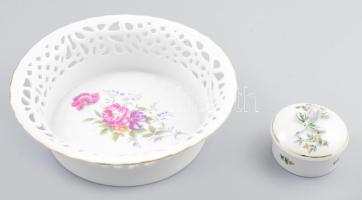 Hollóházi porcelán kínáló d: 20,5 cm + ékszeres dobozka d: 7,5 cm, jelzett, kis kopással