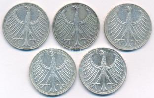 NSZK 1951-1965. 5M Ag (5db, 4xklf) T:XF-F patina
GFR 1951-1965. 5 Mark Ag (5pcs, 4xdiff) C:XF-F pat...