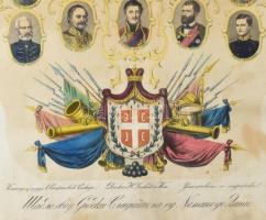 Szerb királyi család, címerrel, XIX. sz. második fele. Litográfia, papír. Jelzés nélkül. H. Gerhart,...