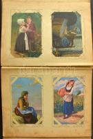 Képeslapgyűjtemény maradvány: 69 db régi művész képeslap vegyes minőségben régi foltos albumban / 69...