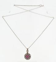Ezüst(Ag) csavart nyaklánc rubin köves medállal, jelzett, h: 48 cm, bruttó: 7,4 g