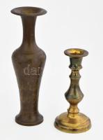 Angol bronz gyertyatartó + Indai váza. Kopással, m: 14-20 cm