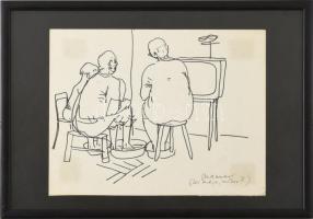 Maurer Dóra (1937-): TV-nézők. Tus, papír, jelezve jobbra lent. Proveniencia: Haraszty Gyűjtemény, üvegezett keretben. 17x21,5 cm.