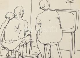 Maurer Dóra (1937-): TV-nézők. Tus, papír, jelezve jobbra lent. Proveniencia: Haraszty Gyűjtemény, ü...