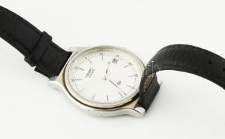 Seiko kvarc karóra, dátumkijelzéssel, bőr szíjjal, karcokkal, működik, számlap d: 30 mm