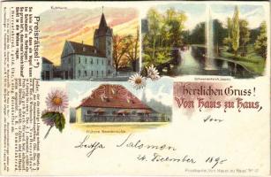 1898 (Vorläufer) Leipzig, Kuhturm, Schwanenteich, Frühere Nonnenmühle. Postkarte "Von Haus zu Haus" No. 12. Floral (cut)