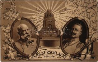 Völkerschlacht 1914 / WWI German and Austro-Hungarian K.u.K. military art postcard with Franz Joseph I of Austria and Wilhelm II