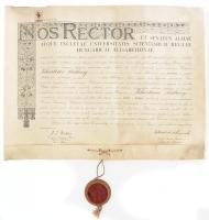 1940 Pécs, a Magyar Királyi Erzsébet Tudományegyetem által kiállított diploma, rajta Winkler János (1886-1968) jogász, rektor és Schaurek Rafael (1882-1960), a jog- és államtudományi kar dékánjának aláírásával, fatokos függőpecséttel (sérült), 10P okmánybélyeggel. Feltekerve, hengerben, 60,5x45,5 cm