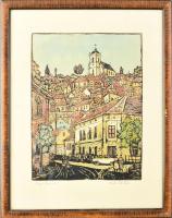 Réti Mátyás (1922-2002): Pécsi házak. Színes linómetszet, papír, jelzett, üvegezett fakeretben, 38×29 cm