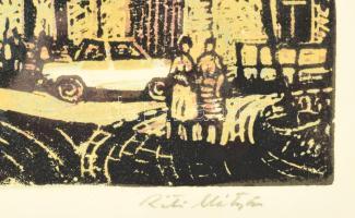 Réti Mátyás (1922-2002): Pécsi házak. Színes linómetszet, papír, jelzett, üvegezett fakeretben, 38×2...