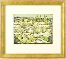 Réti Mátyás (1922-2002): Eger télen. Színes linómetszet, papír, jelzett, foltos, üvegezett fakeretben, 25,5×33 cm