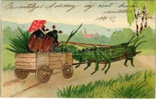 1908 Cserebogarak sáska szekéren utaznak - dombornyomott litho / Cockchafers on a grasshopper cart - embossed litho