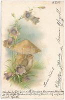 1901 Greeting card with bird, mushroom and flowers. litho (EK)