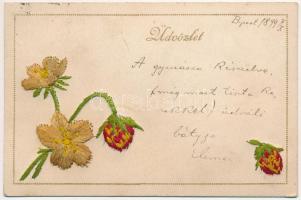 1899 (Vorläufer) Üdvözlet! Hímzett üdvözlő képeslap. Schmidt testvérek kiadása / Embroidered greeting