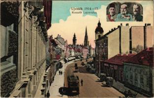 Újvidék, Novi Sad; Kossuth Lajos utca, villamos. 1914-15 világháborús montázs II. Vilmos császár, Ferenc József és V. Mehmed oszmán szultán arcképével / street, tram. WWI military montage with Wilhelm II, Franz Joseph and Mehmed V (EK)