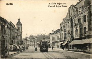 Újvidék, Novi Sad; Kossuth Lajos utca, villamos, piac, Menrath bútorház üzlete. Hajós tőzsde kiadása / street, tram, shops (EK)