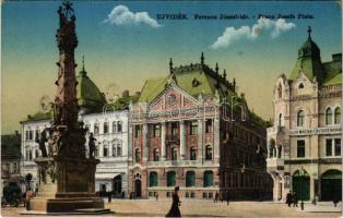 Újvidék, Novi Sad; Ferenc József tér, Szentháromság szobor, Első Magyar Biztosító Társaság, cukrászda, Takarékpénztár, üzletek / square, Trinity statue, insurance company, confectionery, savings bank, shops (fl)