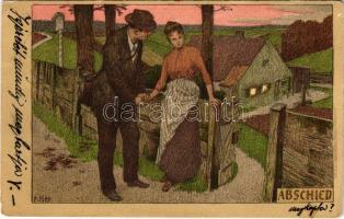 1900 Romantikus pár, művészi képeslap. Lith. Anst. v. Hubert Köhler, München s: P. Hey, 1900 Abschied / Romantic couple art postcard. Lith. Anst. v. Hubert Köhler, München s: P. Hey
