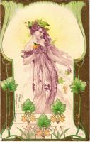 1902 Art Nouveau lady. Floral, Emb. litho (EK)