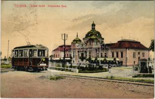 Újvidék, Novi Sad; Artézi fürdő, villamos. Hajós tőzsde kiadása / spa, tram (EK)