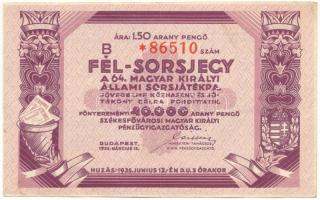 1935. "A 64. Magyar Királyi Állami Sorsjáték" fél-sorsjegye 1,50P értékben, "B * 86510" sorszámmal T:F