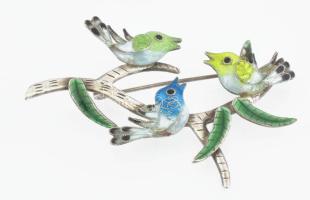 Ezüst(Ag) zománcozott madaras bross, jelzett, 5×3 cm, bruttó: 5,01 g
