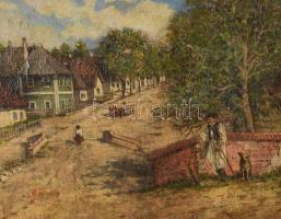 Olvashatatlan (... Geyza) jelzéssel: Kocs község főutcája, 1880-as évek. Olaj, vászon. Felületi sérü...