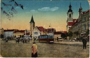 1916 Pozsony, Pressburg, Bratislava; Vásártér, villamos, piac / market square, tram (EK)