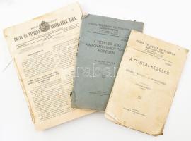 1910-1914 Postai kiadványok, 3 db: 1910 A Magyar Királyi Posta és Távirda Rendeletek Tára, 1. szám, 1910. január 6. + 1914 Dernyei Mihály - Bugyi József: A postai kezelés. Posta, Telegráf és Telefon Szakkönyvtár 8. könyv. + 1914 Dr. Alfay Zoltán: A tételes jog a Magyar Királyi Posta körében. Posta, Telegráf és Telefon Szakkönyvtár 13. könyv. Változó, sérült állapotban.