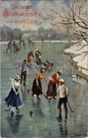 1909 Téli Újévi köszöntő képeslap. "ERIKA" Nr. 4087., 1909 Die besten Glückwünsche zum neuen Jahre / New Year greeting art postcard, winter sport, ice skating, ice hockey. "ERIKA" Nr. 4087.