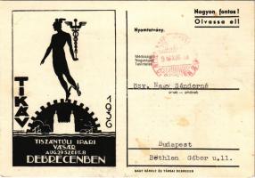 1936 TIKÁV - Tiszántúli Ipari Vásár Debrecenben. Nagy Károly és társai kiadása és reklám s: Toroczkai, 1936 Advertising art postcard for industry fair s: Toroczkai