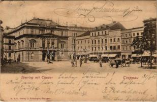 1903 Opava, Troppau; Oberring mit Theater / street view, theatre, café, shops of Glassner, J. Feitzinger, Girschek (EK)