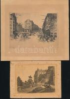 Olvashatatlan jelzéssel, klf. alkotók, 3 db rézkarc, 1910-40 körül: Vajdahunyad, Bp.; Budai várpalota és ismeretlen nagyvárosi utca . Rézkarc, papír, foltos, 9x12 és 10x14 cm közötti méretekben