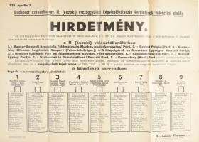 1935 Bp. székesfőváros II. (északi) országgyűlési képviselőválasztó kerületének választási hirdetménye, papír, Bp. Székesfőváros Házinyomdája, hajtásnyomokkal, szakadásokkal, 54x75 cm